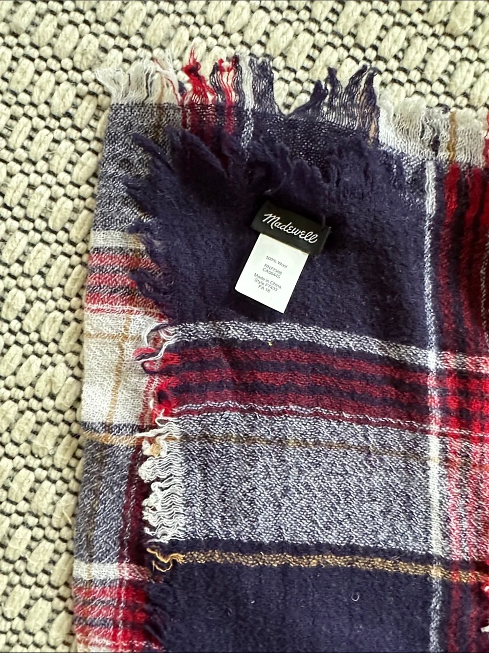 Madewell Plaid wool  Fringe Scarf in Navy, Red, Cream